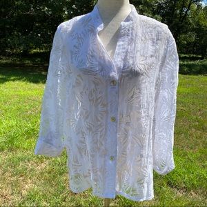 HEARTS OF PALM TOP BLOUSE WHITE SILVER BURNOUT Size 12
